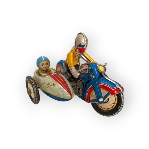 Vintage Wind Up Metal Schylling Collector Series Motorcycle & Side Car Toy - Picture 1 of 6
